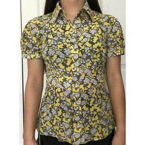 100% Silk Badgley Mischka Yellow Gray 729 Floral Women Blouse Size Petites 2 NWT